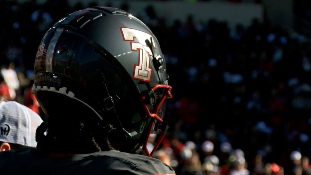 Close-up of a Texas Tech football helmet with the “Double T” logo