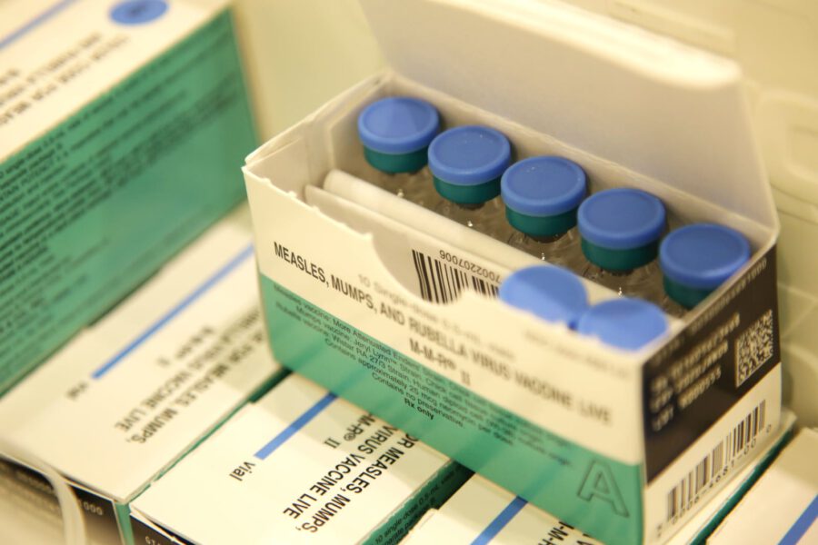Close-up of MMR vaccine vials used to protect against measles, mumps, and rubella during the 2025 Texas measles outbreak.