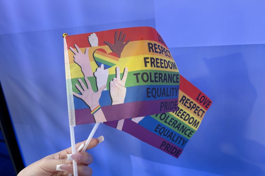 Hand holding a rainbow pride flag with words like love, respect, freedom, tolerance, equality, and pride, during a peaceful sit-in at Lubbock City Council advocating for official Pride Month recognition.
