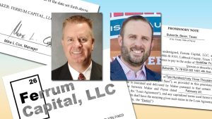 Photos of Joshua L. Allen and Mike L. Cox overlaid on documents related to Ferrum Capital LLC and a promissory note, associated with a federal fraud indictment in Lubbock, Texas.