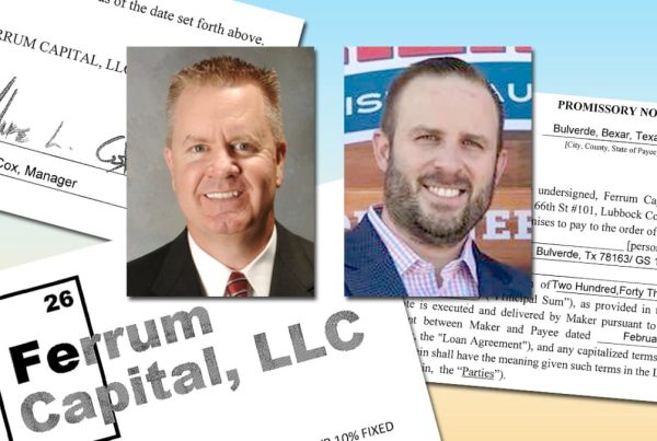 Photos of Joshua L. Allen and Mike L. Cox overlaid on documents related to Ferrum Capital LLC and a promissory note, associated with a federal fraud indictment in Lubbock, Texas.
