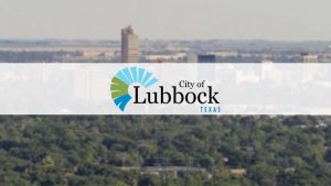 City of Lubbock, Texas logo over a skyline view of the city with trees and buildings in the background.