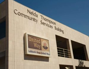 Exterior of the Nelda Thompson Community Services Building, home to Lubbock Area United Way, on a sunny day.