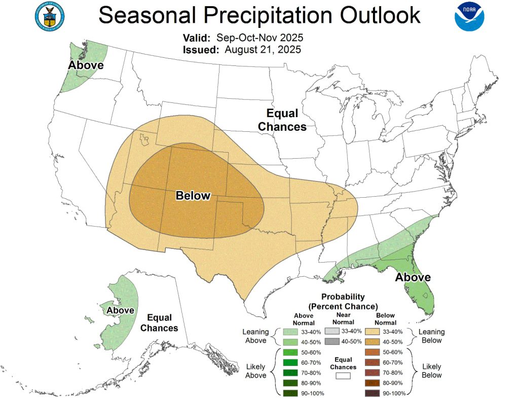 NOAA fall 2025 precipitation outlook map showing below-normal rainfall in the Southwest and above-normal precipitation in the Southeast and Pacific Northwest.