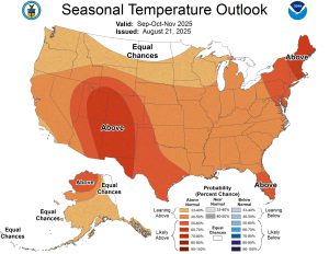 NOAA fall 2025 temperature outlook map predicting above-normal temperatures across most of the U.S., with highest chances in the Southwest and New England.