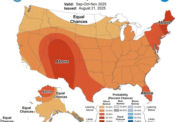 NOAA fall 2025 temperature outlook map predicting above-normal temperatures across most of the U.S., with highest chances in the Southwest and New England.