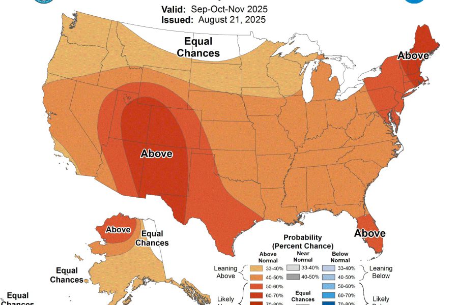 NOAA fall 2025 temperature outlook map predicting above-normal temperatures across most of the U.S., with highest chances in the Southwest and New England.