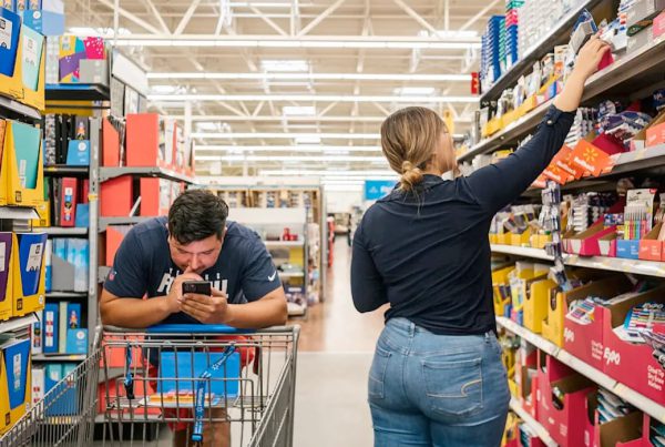 Shoppers in a store aisle picking out school supplies as rising tariffs drive up prices on everyday items.