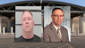 Booking photo and professional portrait of Texas prison warden Michael Miller, arrested in Lubbock on theft charges.