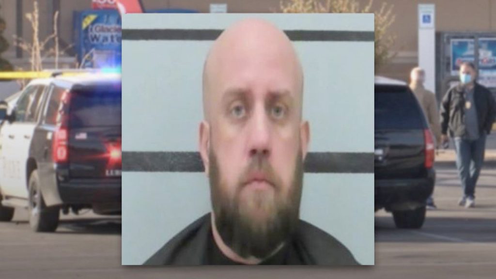 Mugshot of Robert Joseph Baker, the Lubbock man resentenced to probation for the deadly Market Street shooting, with a police scene in the background.