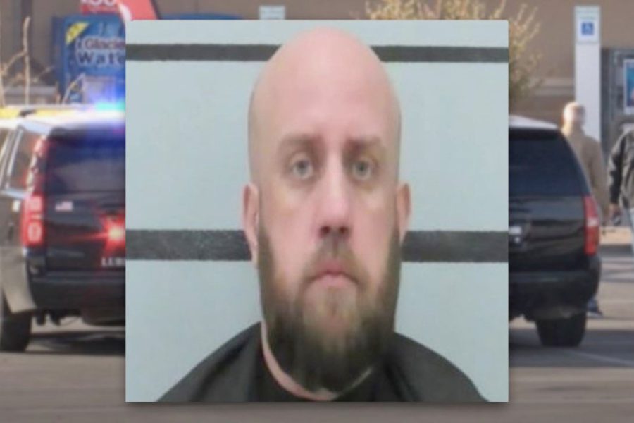 Mugshot of Robert Joseph Baker, the Lubbock man resentenced to probation for the deadly Market Street shooting, with a police scene in the background.