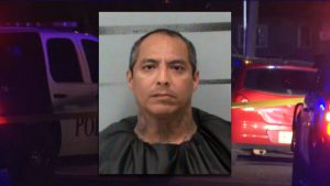Mugshot of Alvin Flores, who pleaded guilty to the 2022 murder of Severo “Chevy” Losoya in North Lubbock, overlaid on a crime scene photo with police vehicles and yellow tape.