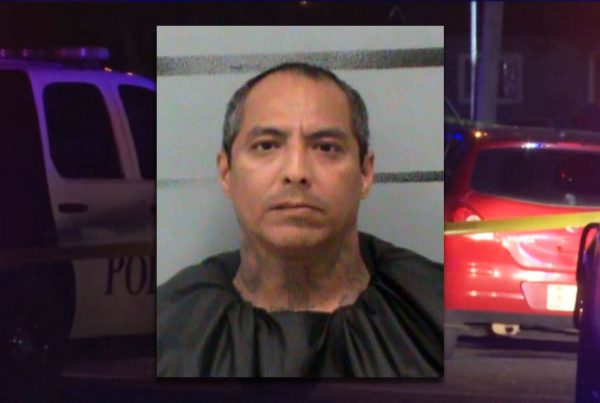 Mugshot of Alvin Flores, who pleaded guilty to the 2022 murder of Severo “Chevy” Losoya in North Lubbock, overlaid on a crime scene photo with police vehicles and yellow tape.