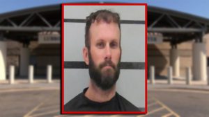 Mugshot of Christopher Martin, the Ohio man indicted for kidnapping a woman in Lubbock, displayed in front of the Lubbock County Detention Center.