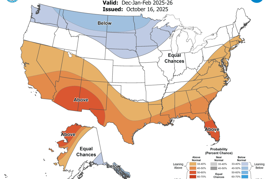 NOAA winter 2025–26 temperature outlook map showing above-average temperatures across Texas and the southern U.S., and below-average temperatures in the Pacific Northwest.