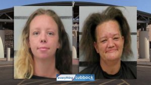 Mugshots of Megan Nicole Beaudry and Holly Kay Smith, arrested in Slaton for child endangerment, animal cruelty, and trespassing.