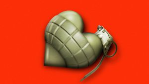 Illustration of a heart-shaped hand grenade on a bright red background, symbolizing the political battle over empathy.