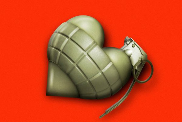 Illustration of a heart-shaped hand grenade on a bright red background, symbolizing the political battle over empathy.