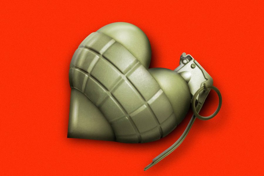Illustration of a heart-shaped hand grenade on a bright red background, symbolizing the political battle over empathy.