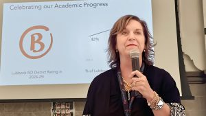 Lubbock ISD Superintendent Kathy Rollo speaks at a town hall meeting, presenting the district’s “B” academic rating for 2024–25.