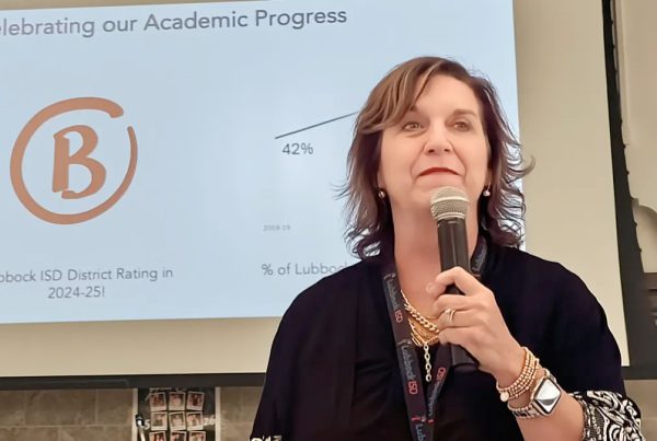 Lubbock ISD Superintendent Kathy Rollo speaks at a town hall meeting, presenting the district’s “B” academic rating for 2024–25.