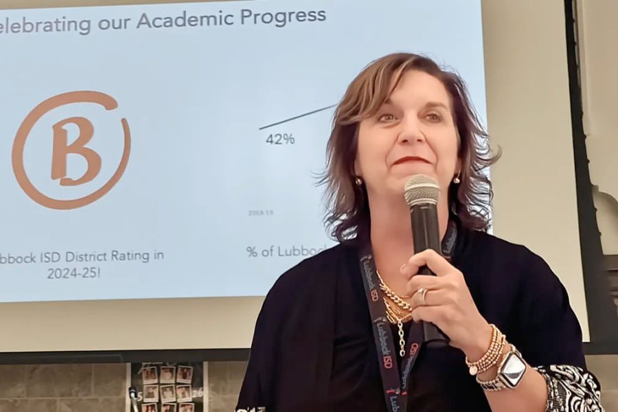 Lubbock ISD Superintendent Kathy Rollo speaks at a town hall meeting, presenting the district’s “B” academic rating for 2024–25.