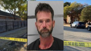 Mugshot of Sylas Smart overlaid on a Lubbock neighborhood crime scene with police tape and patrol vehicles in the background.