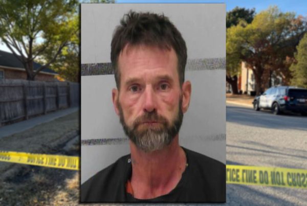 Mugshot of Sylas Smart overlaid on a Lubbock neighborhood crime scene with police tape and patrol vehicles in the background.