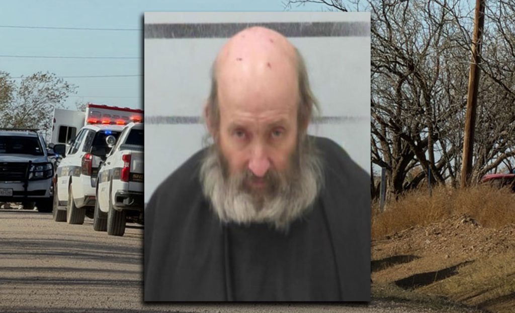 Mugshot of Leslie Harston, accused in the southeast Lubbock County shooting, with sheriff’s vehicles and a rural road scene in the background.