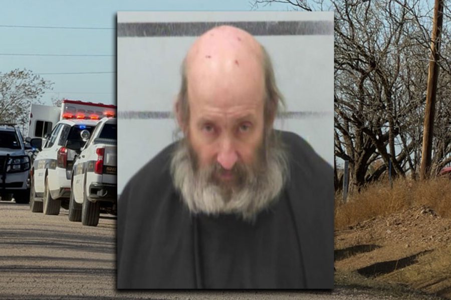Mugshot of Leslie Harston, accused in the southeast Lubbock County shooting, with sheriff’s vehicles and a rural road scene in the background.