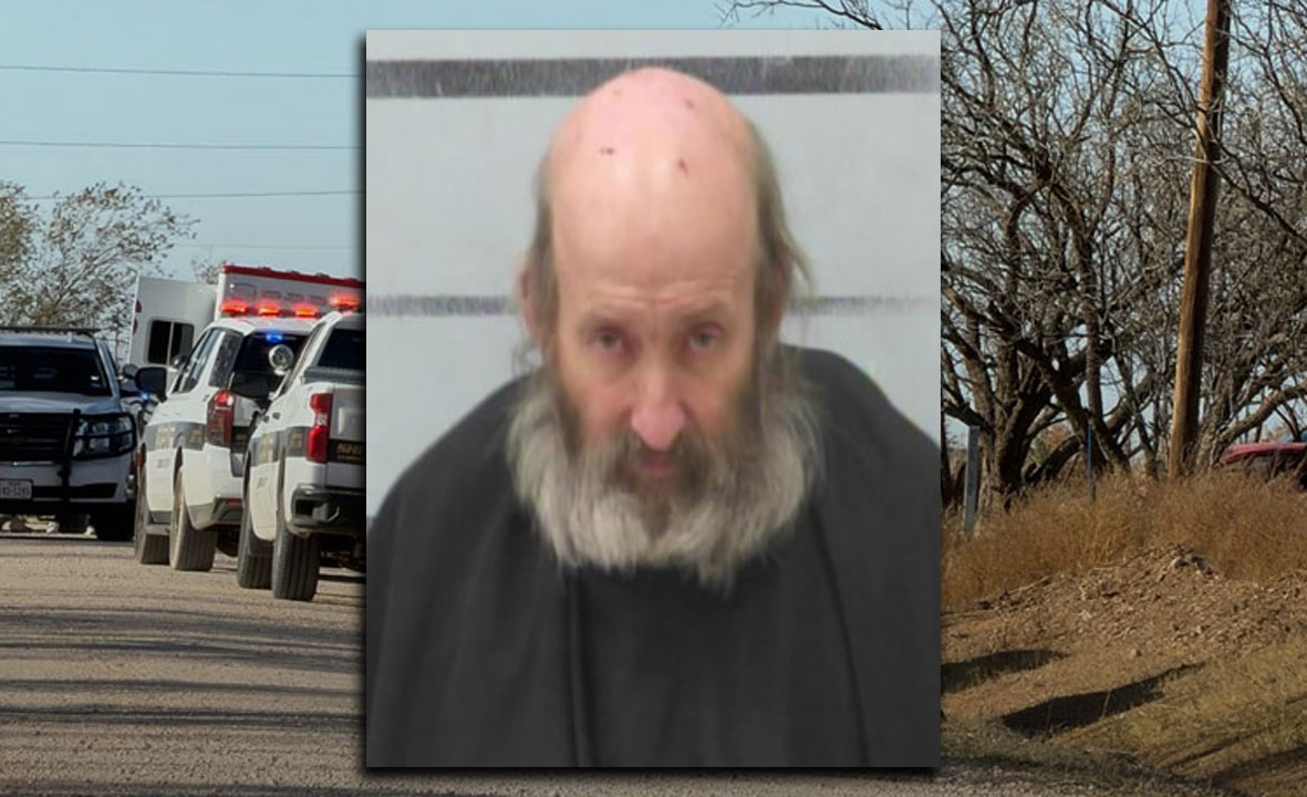 Mugshot of Leslie Harston, accused in the southeast Lubbock County shooting, with sheriff’s vehicles and a rural road scene in the background.