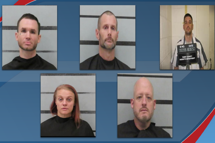 Mugshots of five individuals sentenced or awaiting sentencing in a federal fentanyl and meth trafficking case tied to drug distribution in Lubbock, Texas.