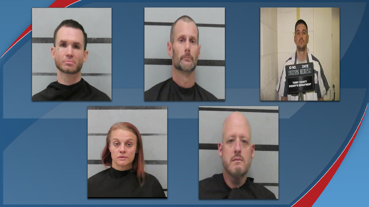 Mugshots of five individuals sentenced or awaiting sentencing in a federal fentanyl and meth trafficking case tied to drug distribution in Lubbock, Texas.
