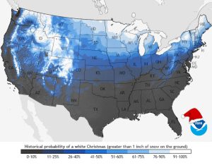 Map showing historical probability of a white Christmas in the United States (1981–2010), with West Texas and Lubbock highlighted in the lowest 0–10% category.