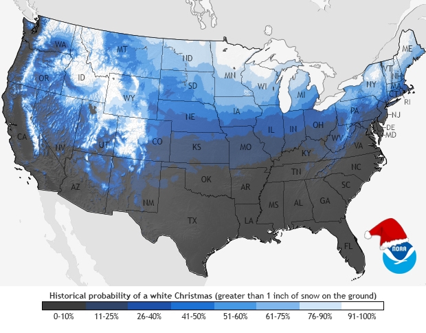 Map showing historical probability of a white Christmas in the United States (1981–2010), with West Texas and Lubbock highlighted in the lowest 0–10% category.