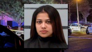 Booking photo of Catelyn Pina, the driver in the 2021 Lubbock drive-by shooting that killed Domingo Siri, shown over a police-lit crime scene.