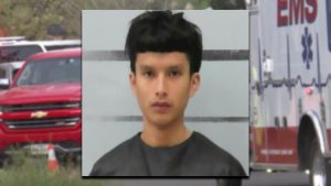 Mugshot-style image of Johnny Bermea Jr., who pleaded guilty in connection with the deadly Easter Sunday shooting in Lubbock, Texas, with emergency vehicles in the background.