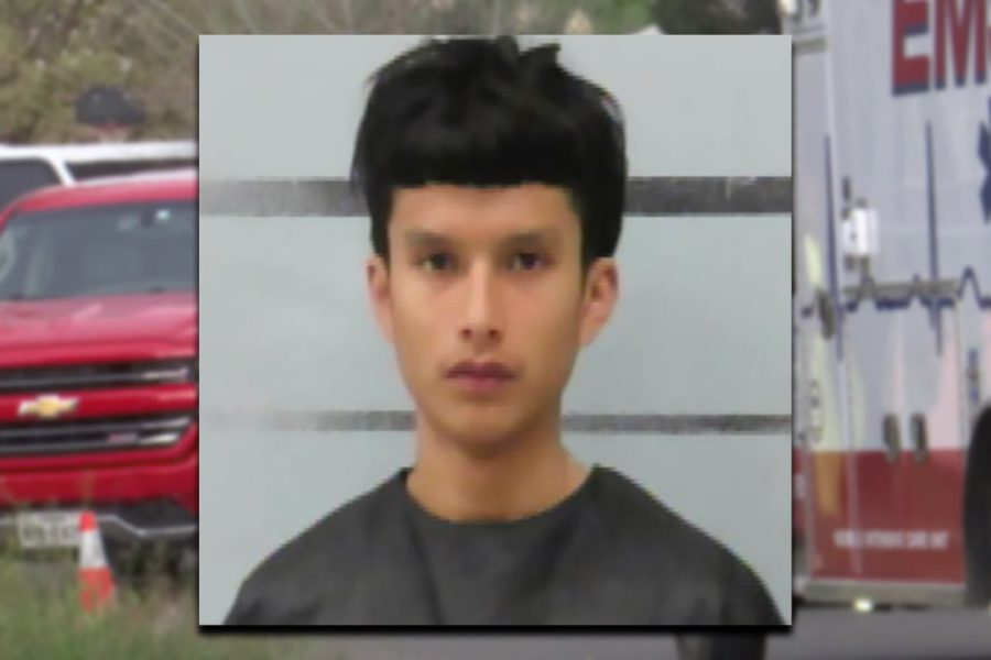 Mugshot-style image of Johnny Bermea Jr., who pleaded guilty in connection with the deadly Easter Sunday shooting in Lubbock, Texas, with emergency vehicles in the background.