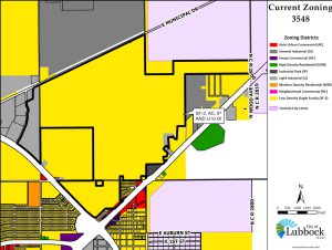 Map showing Zoning Case 3548 in northeast Lubbock, where hundreds of acres of farmland are proposed to become an AI data center while residents are told it’s basically just a quiet concrete box.