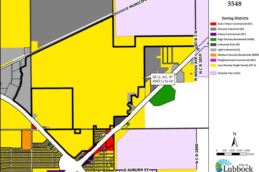 Map showing Zoning Case 3548 in northeast Lubbock, where hundreds of acres of farmland are proposed to become an AI data center while residents are told it’s basically just a quiet concrete box.