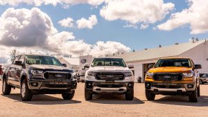 Three Ford F-150 pickup trucks lined up at a Lubbock dealership, illustrating the city’s overwhelming love for full-size trucks.