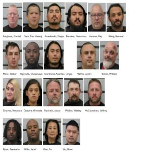 A grid of 19 mugshots featuring individuals arrested during a month-long multi-agency human trafficking operation in Lubbock, Texas. The individuals include Daniel Forgione, Son Hoang Tran, Diego Arrendondo, Francisco Romero, Ray Herrera, Samuel Wing, Gabor Plosz, Oluwaseye Oyetade, Angel Contreras-Fuentes, Justin Mathis, William Terrell, Veronica Chavez, Griselda Chavira, Jason Rachels, Wesley Walker, Jeffrey McClanahan, Tsamarte Ryan, Jamil Willis, Fu Gao, and Biwu Liu.