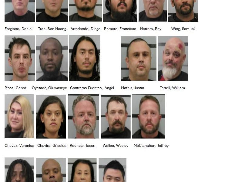 A grid of 19 mugshots featuring individuals arrested during a month-long multi-agency human trafficking operation in Lubbock, Texas. The individuals include Daniel Forgione, Son Hoang Tran, Diego Arrendondo, Francisco Romero, Ray Herrera, Samuel Wing, Gabor Plosz, Oluwaseye Oyetade, Angel Contreras-Fuentes, Justin Mathis, William Terrell, Veronica Chavez, Griselda Chavira, Jason Rachels, Wesley Walker, Jeffrey McClanahan, Tsamarte Ryan, Jamil Willis, Fu Gao, and Biwu Liu.