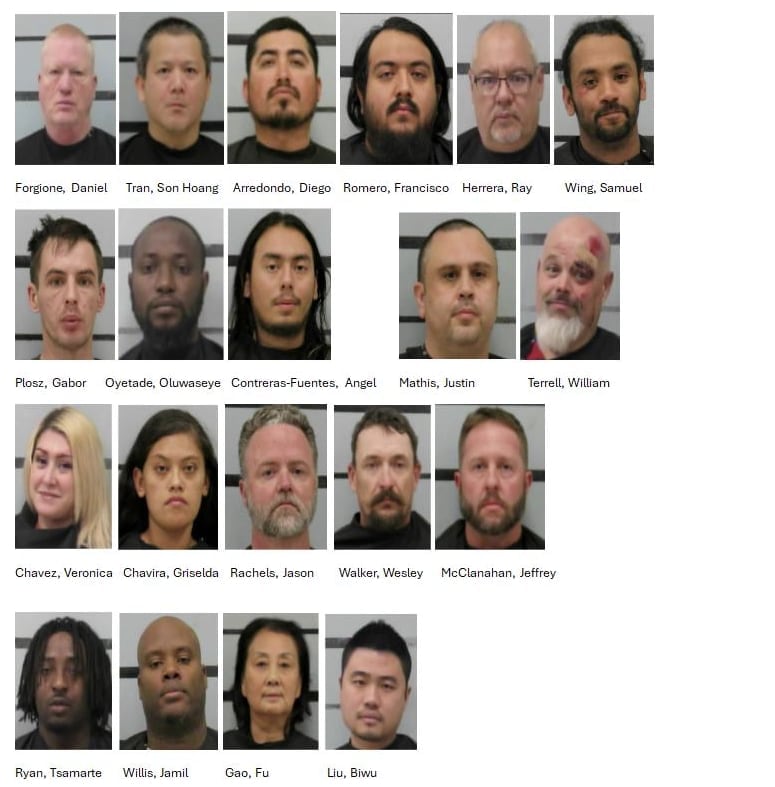 A grid of 19 mugshots featuring individuals arrested during a month-long multi-agency human trafficking operation in Lubbock, Texas. The individuals include Daniel Forgione, Son Hoang Tran, Diego Arrendondo, Francisco Romero, Ray Herrera, Samuel Wing, Gabor Plosz, Oluwaseye Oyetade, Angel Contreras-Fuentes, Justin Mathis, William Terrell, Veronica Chavez, Griselda Chavira, Jason Rachels, Wesley Walker, Jeffrey McClanahan, Tsamarte Ryan, Jamil Willis, Fu Gao, and Biwu Liu.