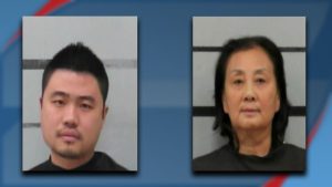 Mugshots of two individuals arrested in a Lubbock prostitution investigation, shown side by side against a booking backdrop.