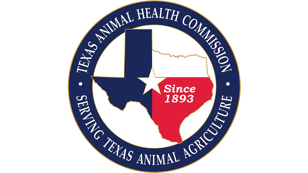 Official seal of the Texas Animal Health Commission featuring the Texas state outline and the text “Serving Texas Animal Agriculture Since 1893.”