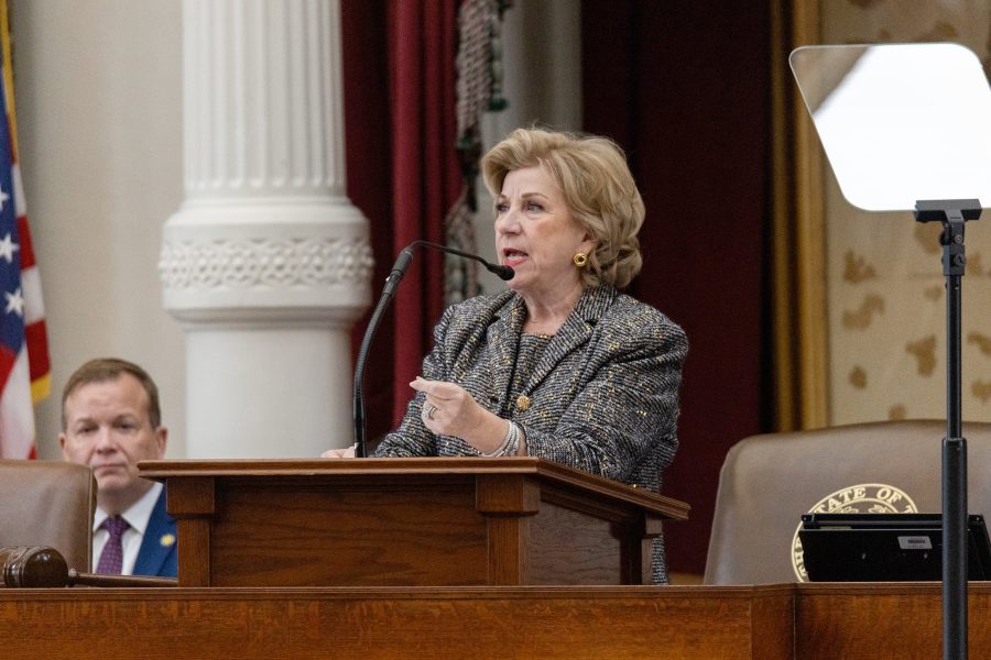 Texas Secretary of State speaks from the dais while presiding over the Texas House during the opening of a legislative session at the Texas Capitol in Austin.