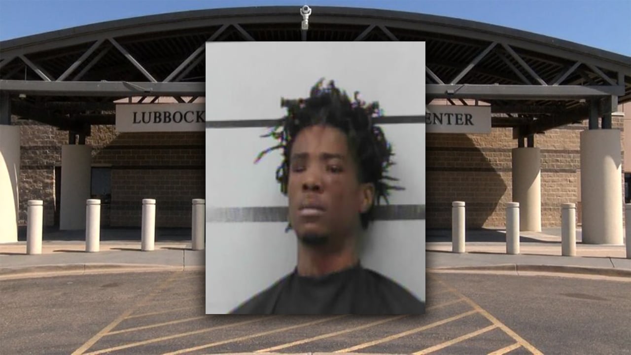 Mugshot of Adrian James Washington, III, who was federally indicted in Lubbock for unlawful possession of a machine gun, layered over a photo of the Lubbock County Detention Center.