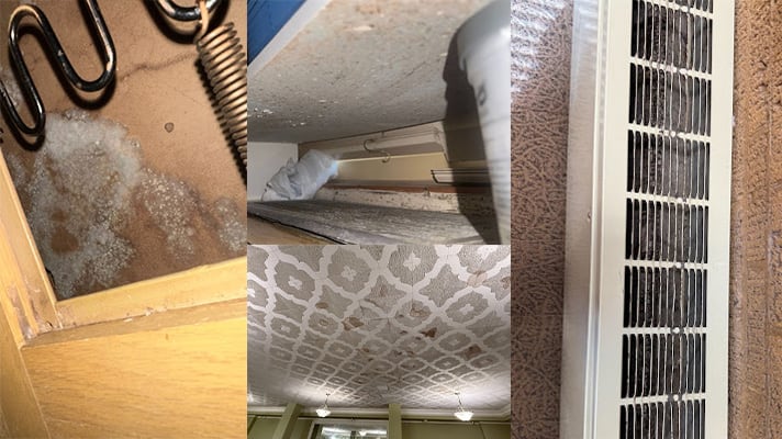 A collage of four images showing severe maintenance issues in a Texas Tech building, including thick white mold growing on wooden structures, water-damaged ceiling tiles with brown staining, and a ventilation grate heavily clogged with dark dust and grime.