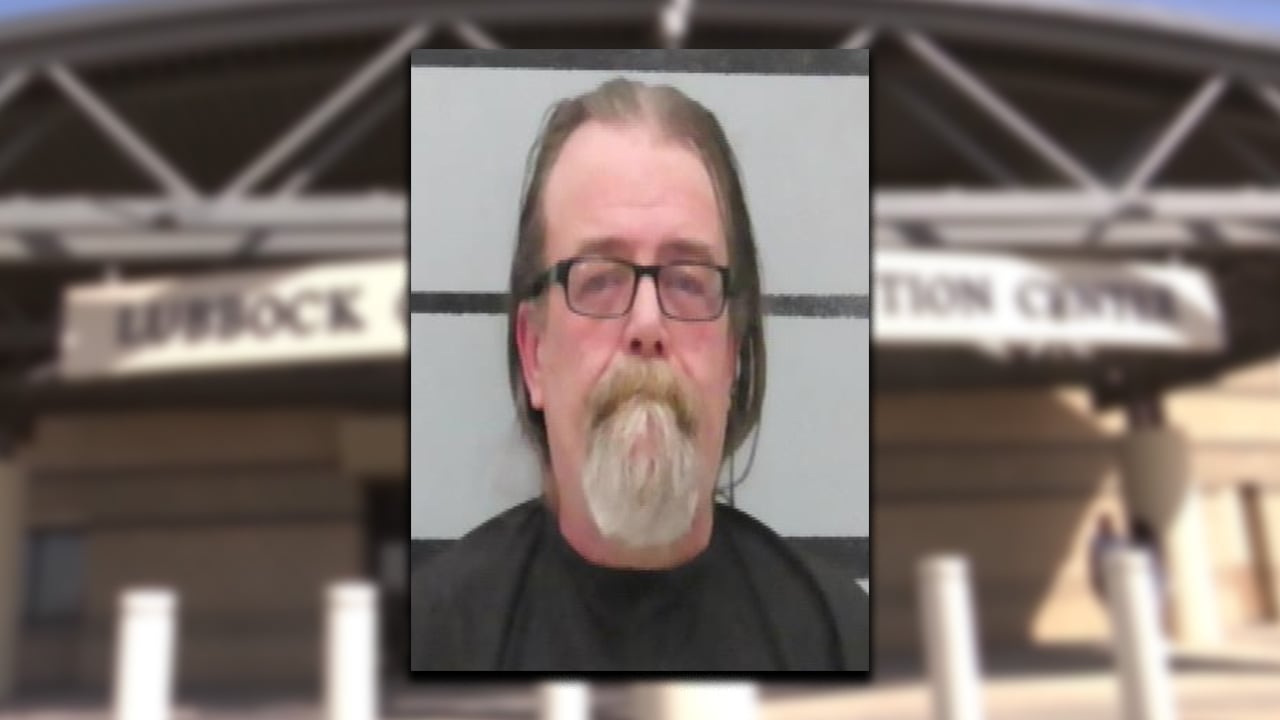 A mugshot of 50-year-old Jody Jeffcoat, who is wearing glasses and a prominent goatee, superimposed over a blurred photo of the Lubbock County Detention Center following his 25-year sentencing for child pornography possession.
